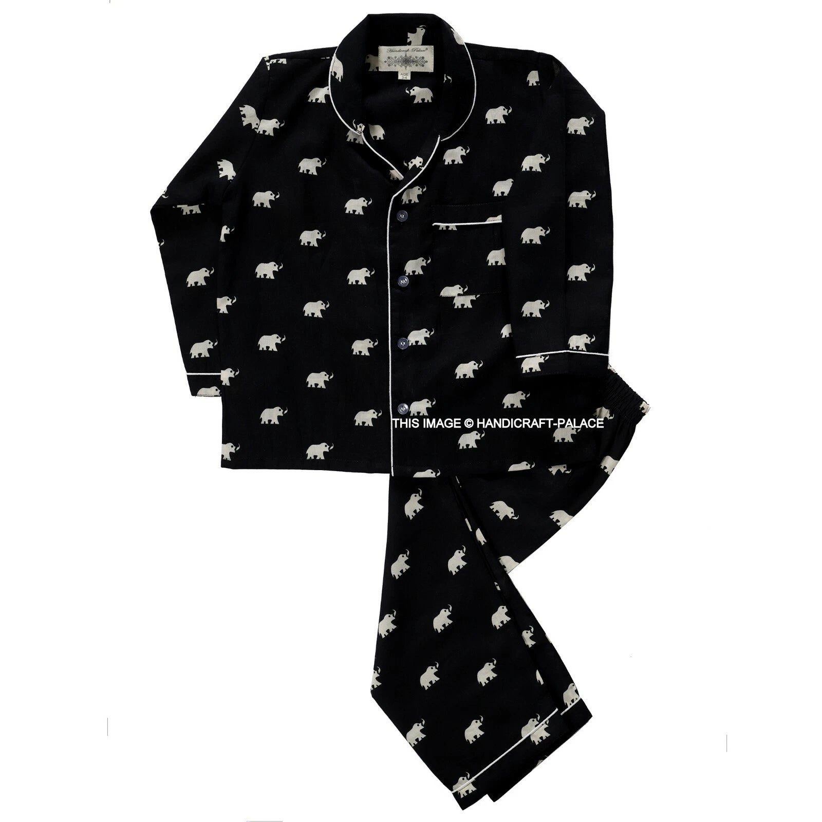 Indian Pure Cotton Kids Pajama Set Black Elephant Printed Sleepwear 1to10 Years
