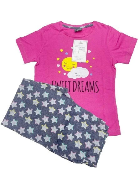 Touche Girls Short Sleeve Full Length Printed Pyjama Set- Grey/Pink Starry Night