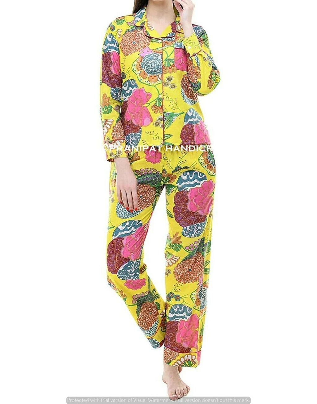 Indian Fruit Floral Print Cotton Yellow Women Nightwear Top-Pajama set Sleepwear