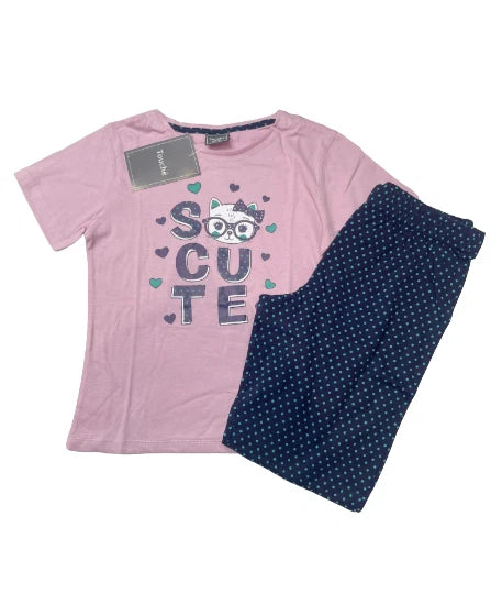 Touche Girls Long Sleeve Full Length Printed Pyjama Set- Cute Kitty Polka-dots