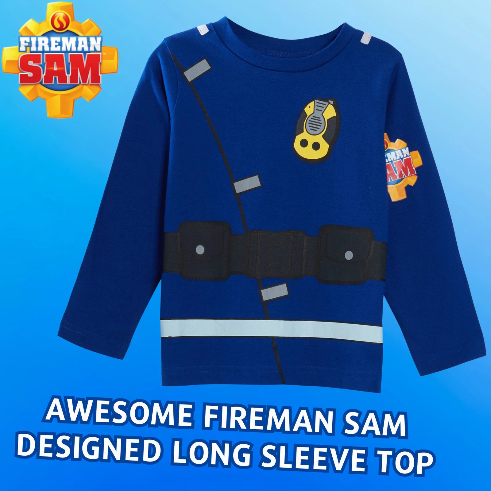 Boys Novelty Fireman Sam Dress Up Pyjamas Kids Full Length Character Pjs Size