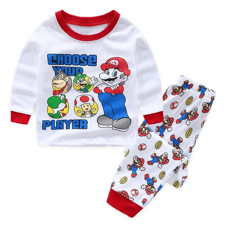 2Pcs Kids Boys Girls Super Mario Long Sleeve Pyjamas Set T-Shirt Shorts Age 1-7Y