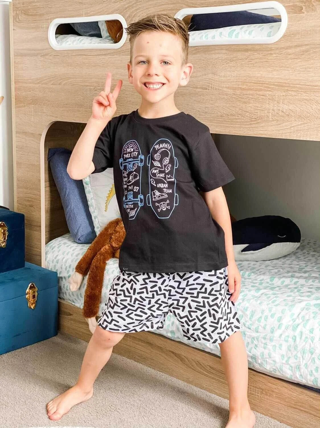 Boys Size 3-7 Black Skateboard Summer Cotton Short Sleeve Pyjama Set – 2006