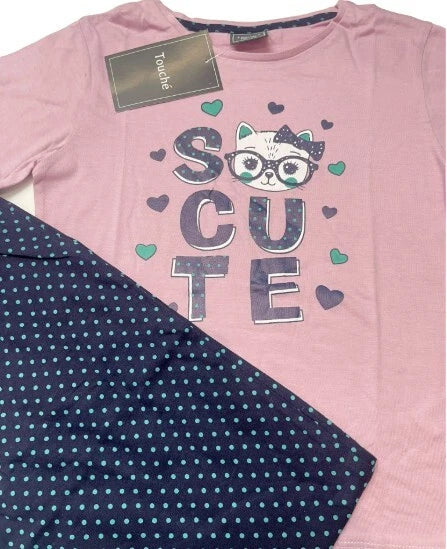 Touche Girls Long Sleeve Full Length Printed Pyjama Set- Cute Kitty Polka-dots