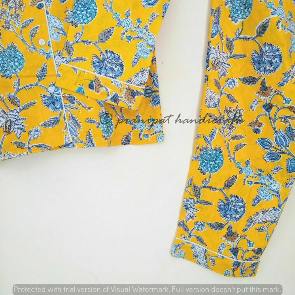 Indian Floral Printed Hippie Cotton Yellow Women Gypsy Top-Pajama set Sleepwear