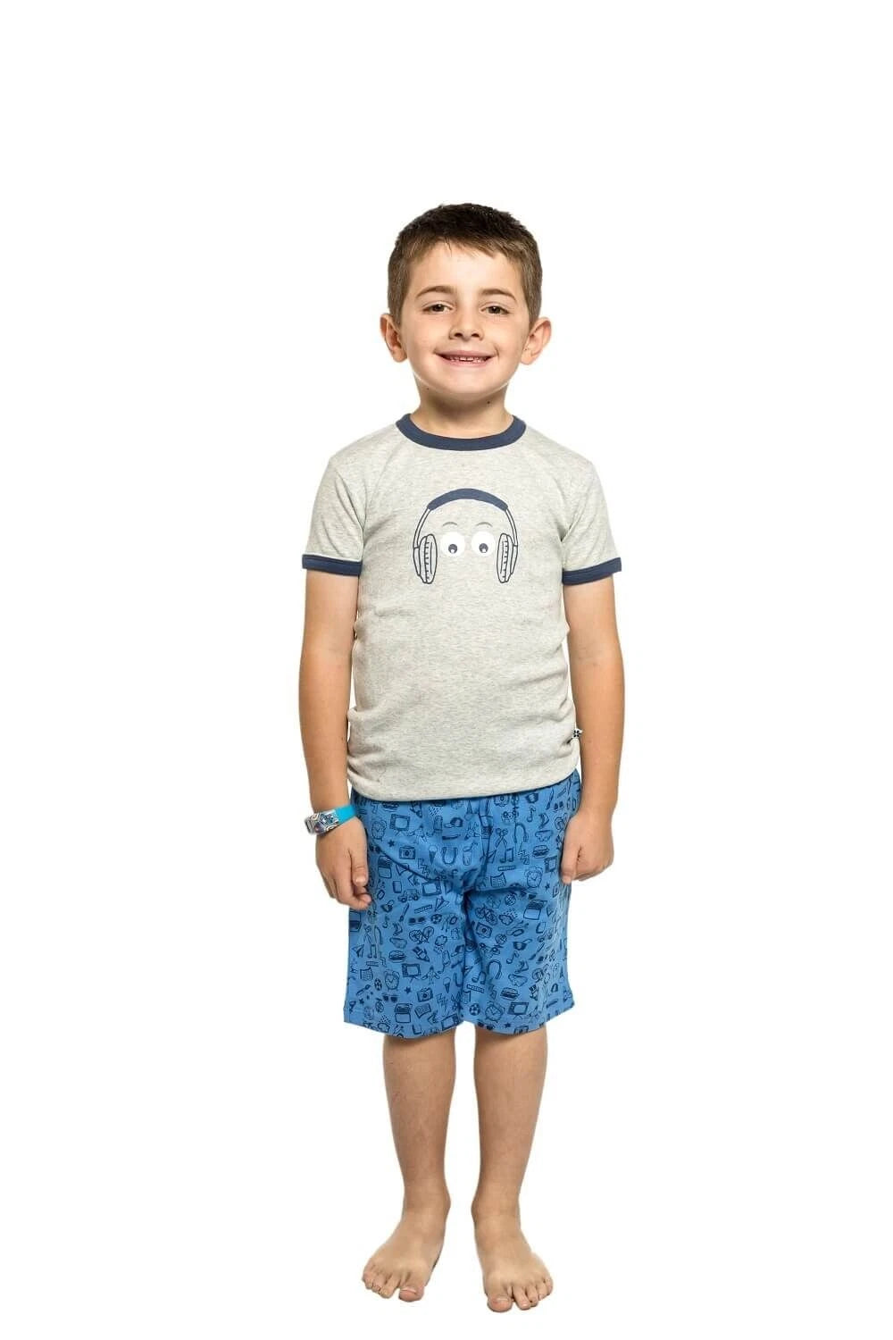 Boys Size 1 Marquise Grey Head Phones Summer Short Sleeve Cotton Pyjama Set