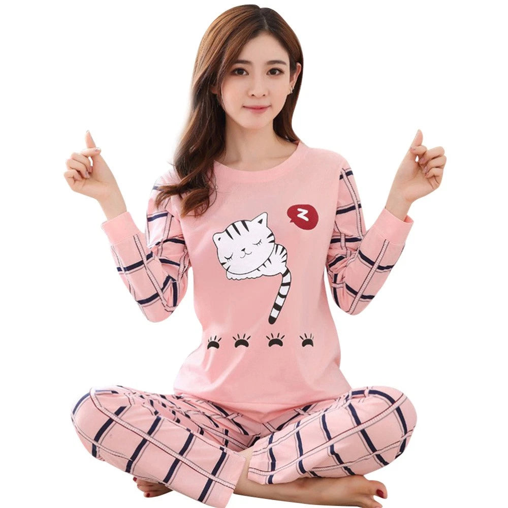 2 PCS Cartoon Cat Pajamas Girl Child Household Sleepwear Suit Girls Autumn