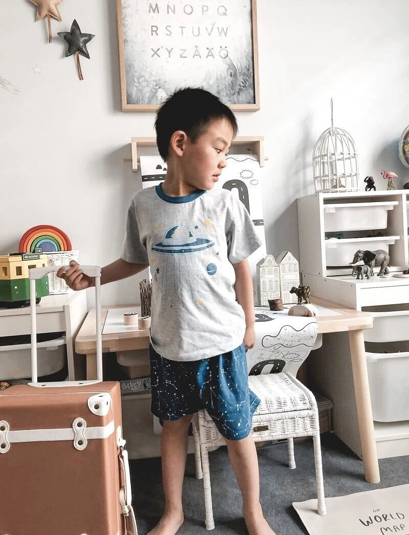 Boys Size 3-7 Grey Spaceship Summer Cotton Short Sleeve Pyjama Set – 2005
