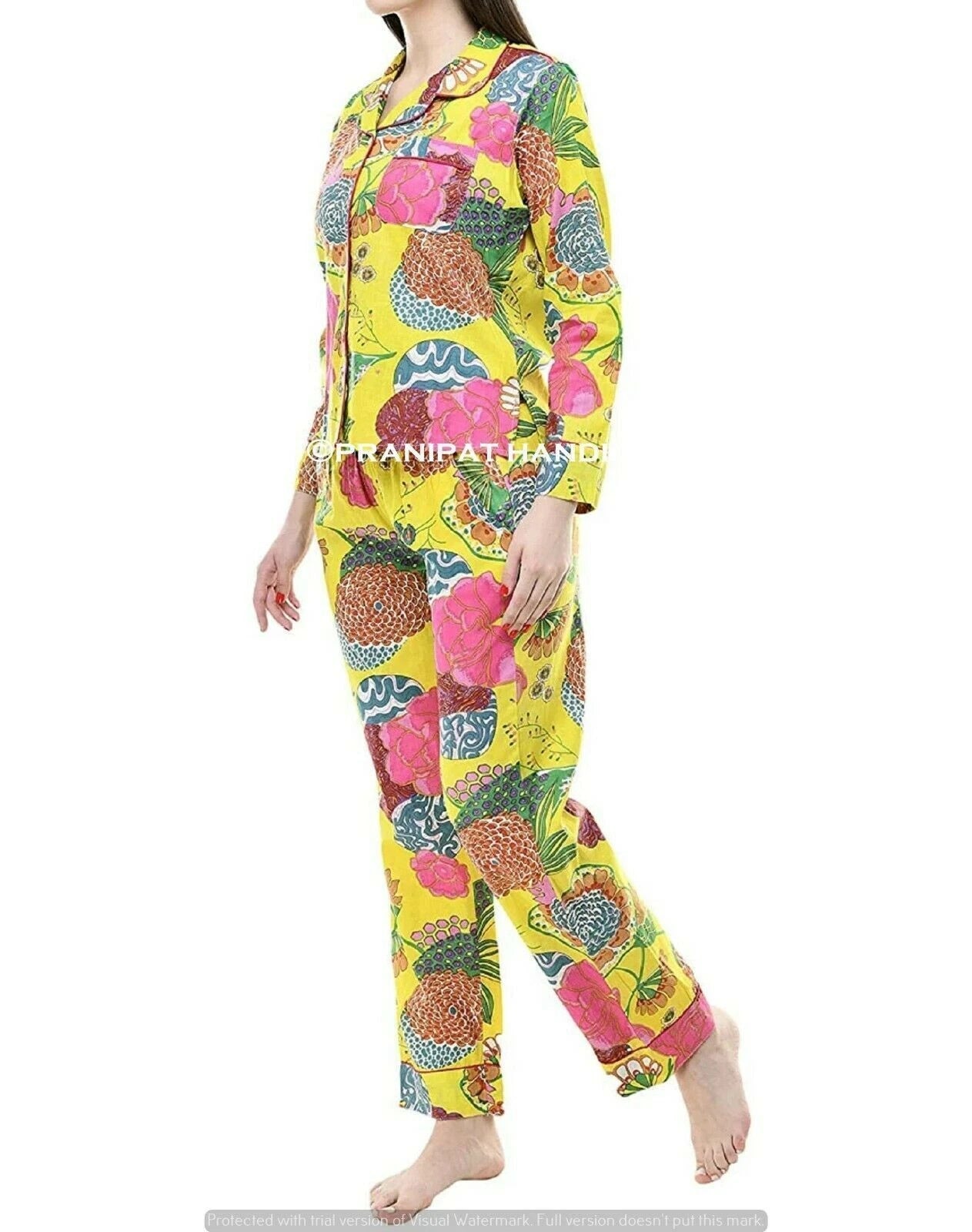 Indian Fruit Floral Print Cotton Yellow Women Nightwear Top-Pajama set Sleepwear