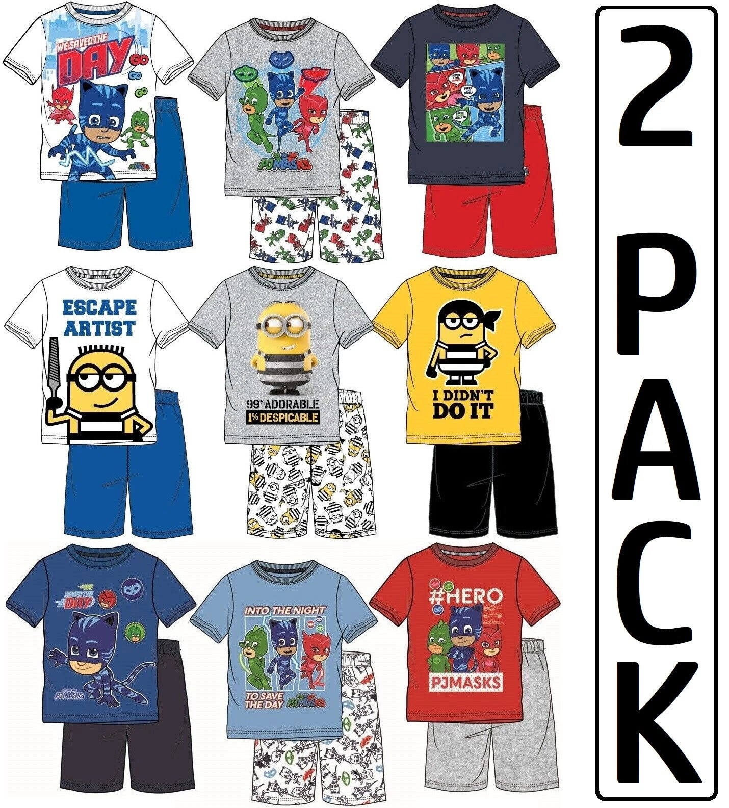 BOYS 2 PACK SHORT PYJAMAS CHARACTER NIGHT WEAR SHORT PJ SET 3-10 YEARS BNWT