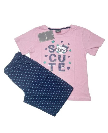 Touche Girls Long Sleeve Full Length Printed Pyjama Set- Cute Kitty Polka-dots