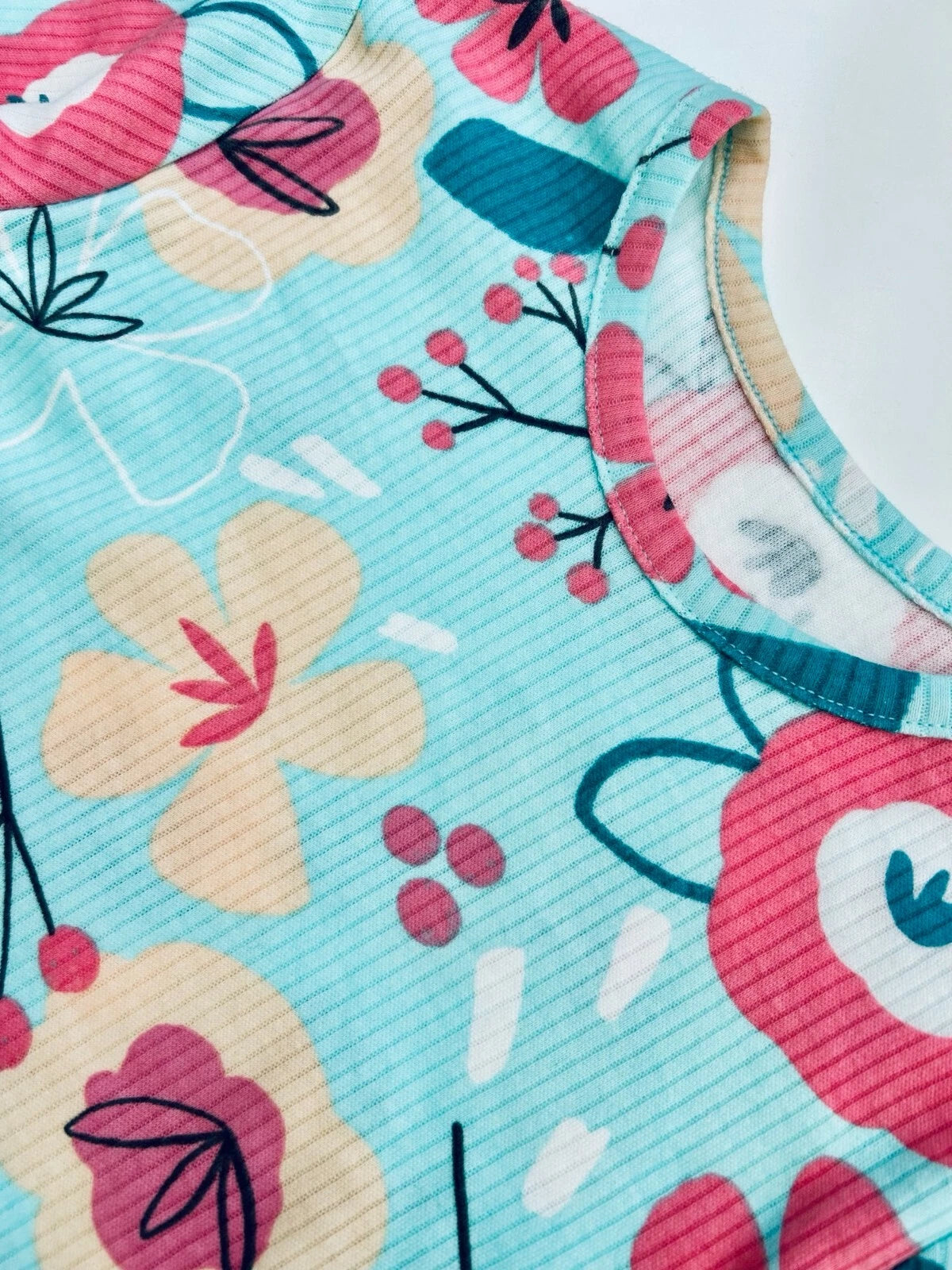 Girls Ribbed Pyjamas Dunnes Cotton Floral Pink Aqua Flared Long Sleeved Pjs NEW