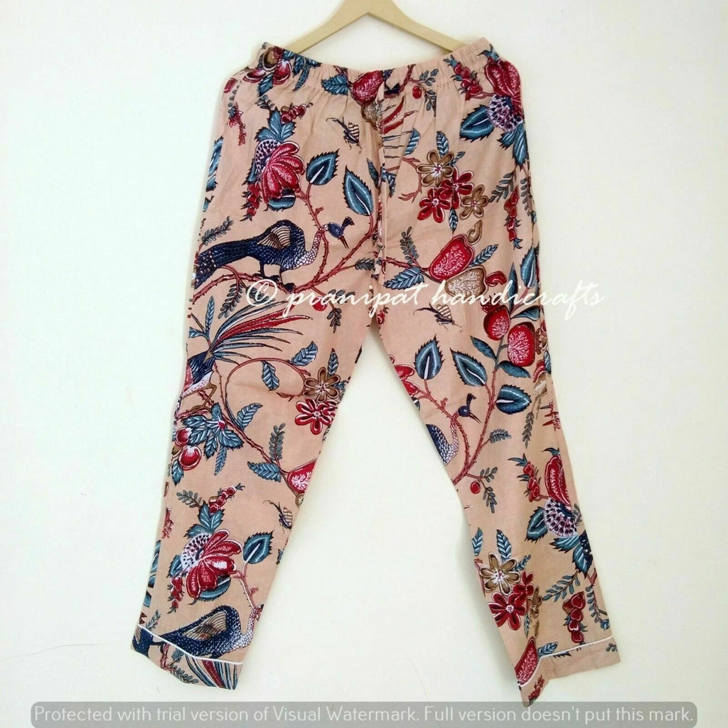 Indian Peacock Printed Cotton Peach Hippie Women Gypsy Top-Pajama set Sleepwear