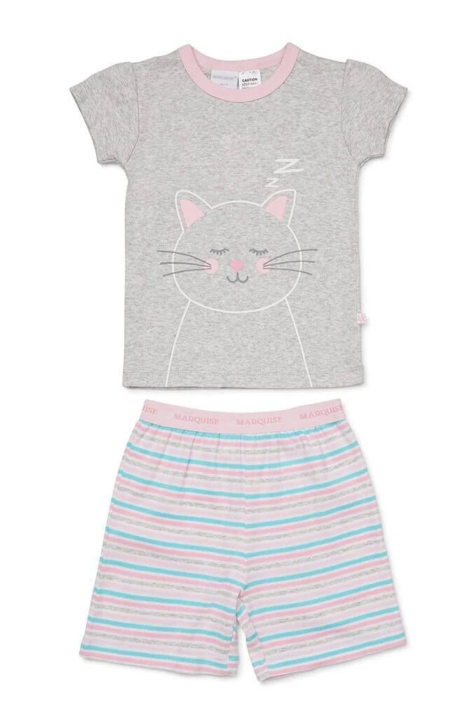 Girls Size 1-7 Marquise Grey Cat Summer Short Sleeve Cotton Pyjama Set