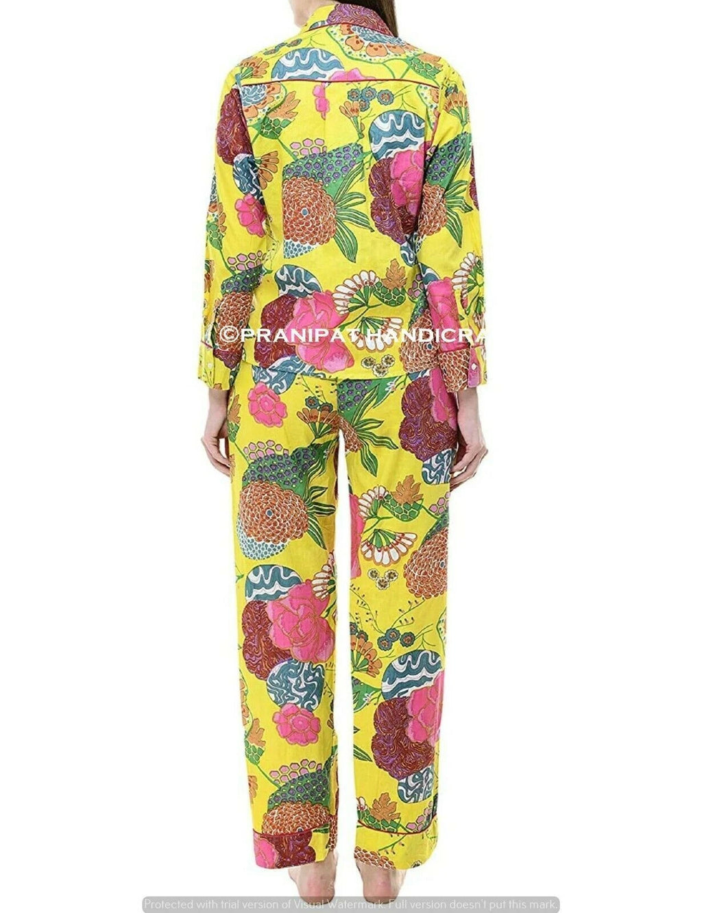 Indian Fruit Floral Print Cotton Yellow Women Nightwear Top-Pajama set Sleepwear