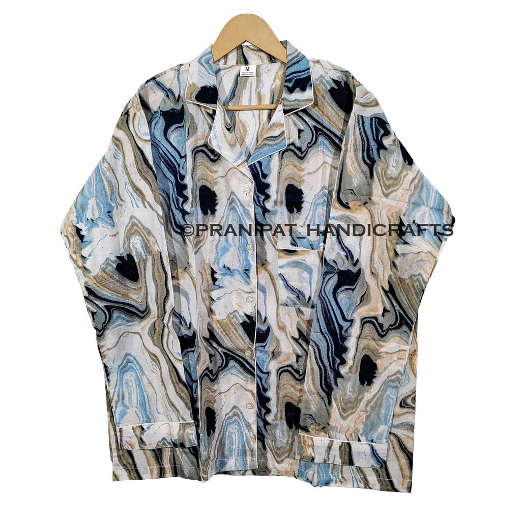 Women Abstract Summer Blue Hippie Sleepwear Cotton Ethnic Night wear Pajama set