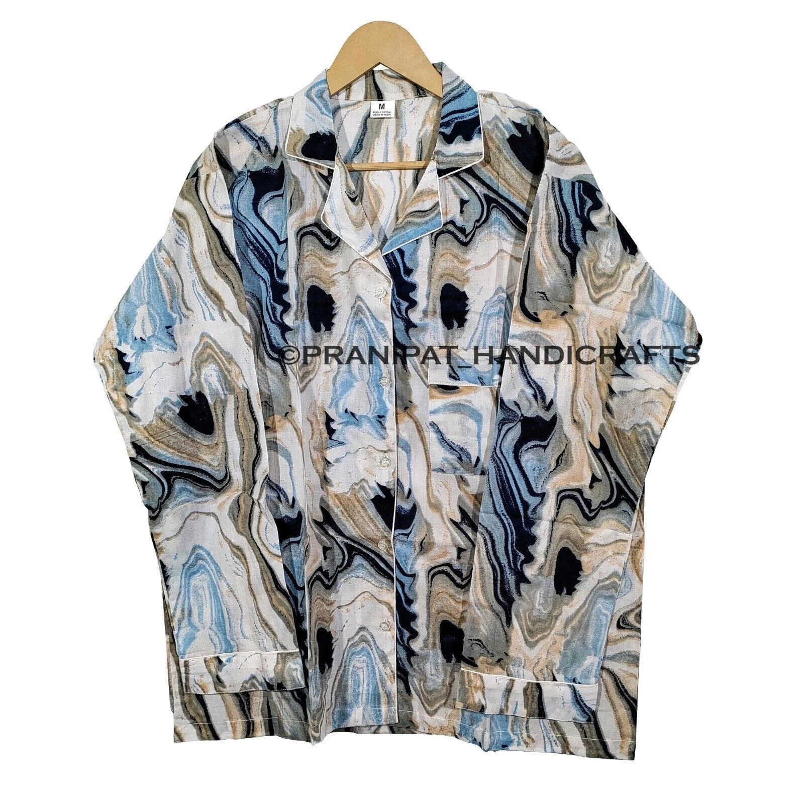 Women Abstract Summer Blue Hippie Sleepwear Cotton Ethnic Night wear Pajama set