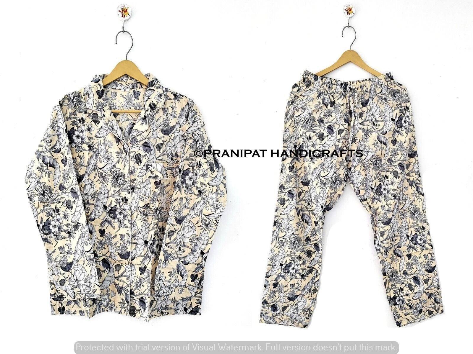 Women Sleepwear Cotton Forest Print Beige Hippie Night wear Boho Top-Pajama set