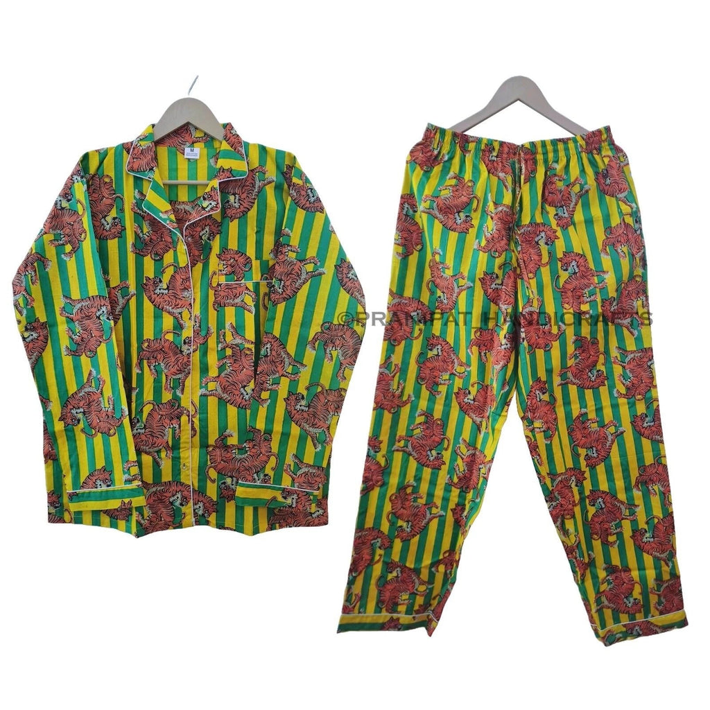 Women Dragon Tiger Print Yellow Sleepwear Cotton Gypsy Night wear Top-Pajama set