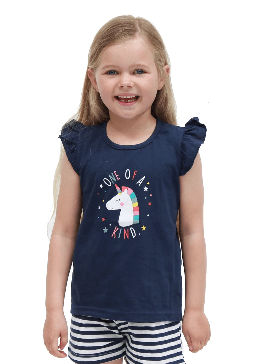 Girls Size 3-7 Navy Blue Unicorn Summer Cotton Short Sleeve Pyjama Set  - 2211
