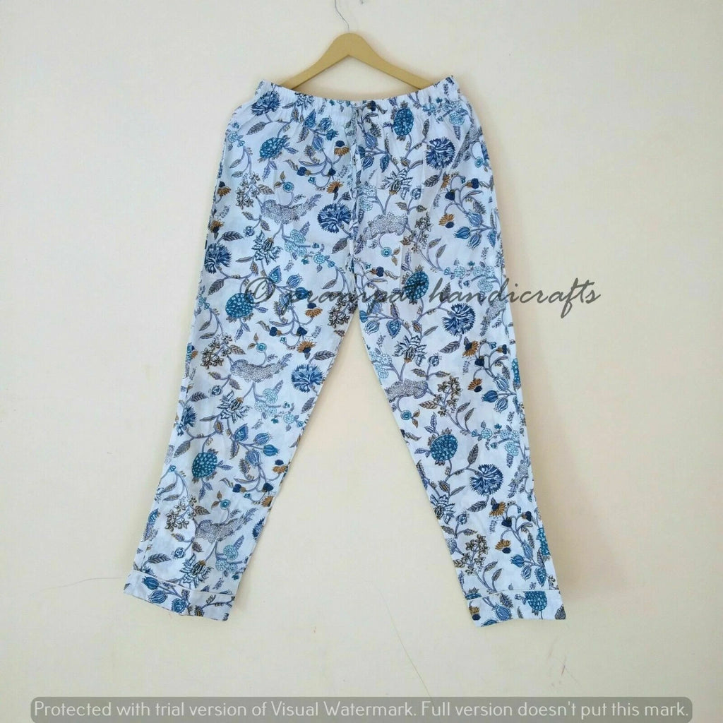 Indian Floral Printed Cotton Hippie White Women Gypsy Top-Pajama set Sleepwear