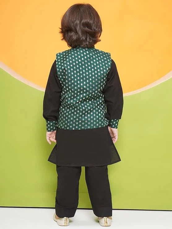 Kids Poly Chanderi Motif Printed Kurta Pajama Set Waist Coat Jacket for Boys