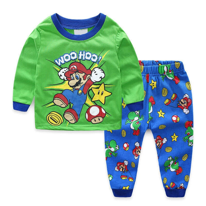 2Pcs Kids Boys Girls Super Mario Long Sleeve Pyjamas Set T-Shirt Shorts Age 1-7Y
