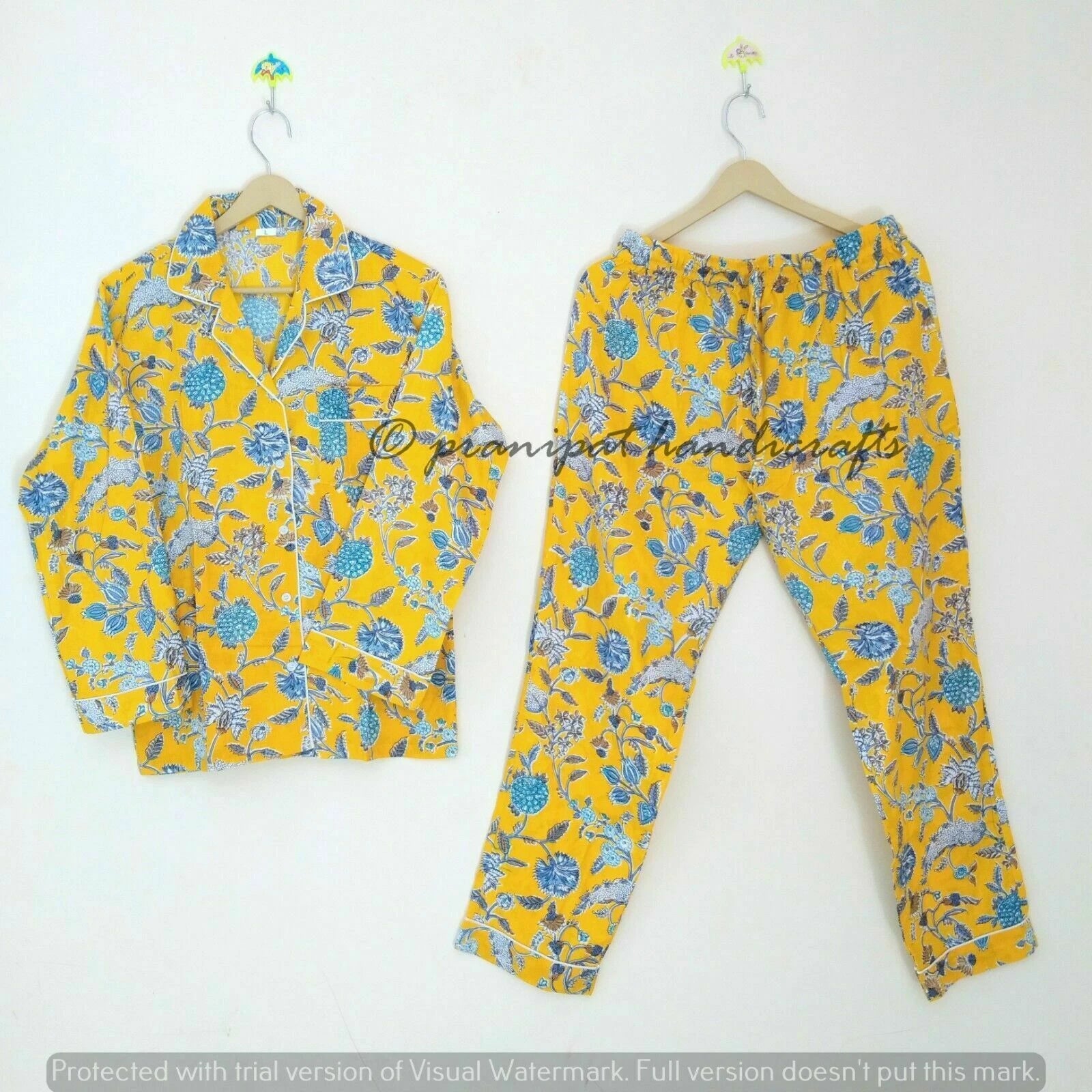 Indian Floral Printed Hippie Cotton Yellow Women Gypsy Top-Pajama set Sleepwear
