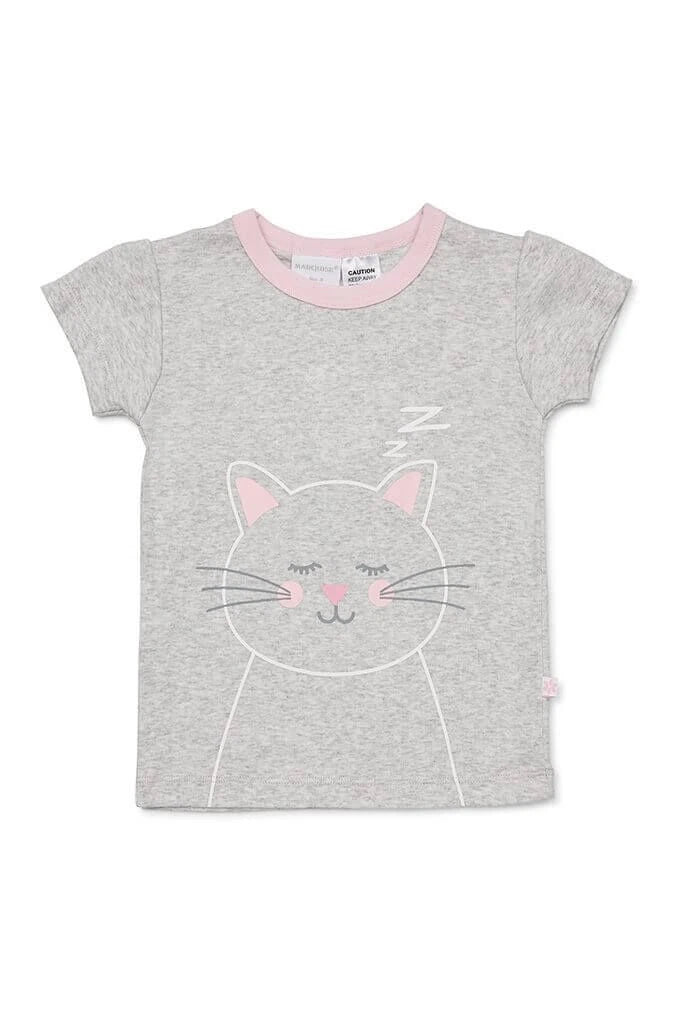 Girls Size 1-7 Marquise Grey Cat Summer Short Sleeve Cotton Pyjama Set