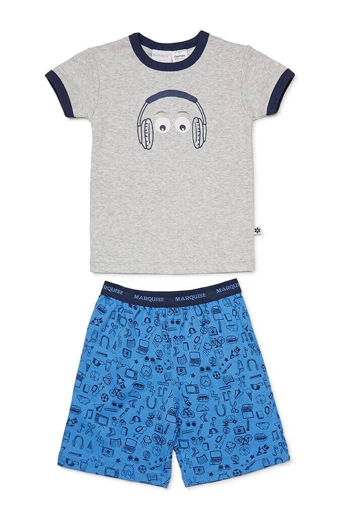 Boys Size 1 Marquise Grey Head Phones Summer Short Sleeve Cotton Pyjama Set