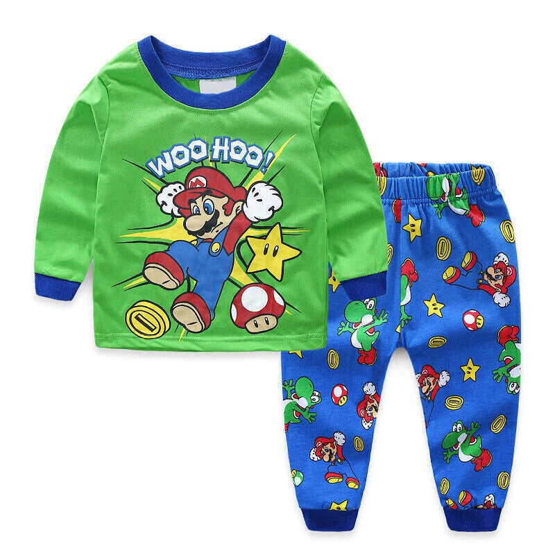 2Pcs Kids Boys Girls Super Mario Long Sleeve Pyjamas Set T-Shirt Shorts Age 1-7Y