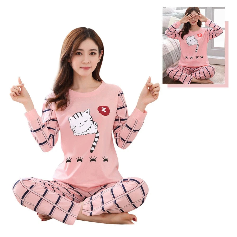 2 PCS Cartoon Cat Pajamas Girl Child Household Sleepwear Suit Girls Autumn
