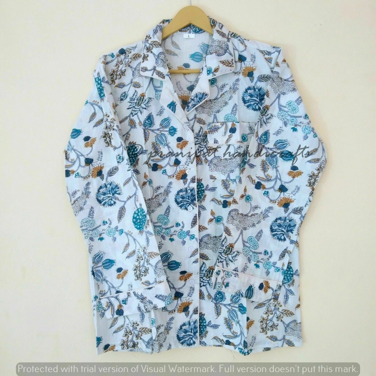 Indian Floral Printed Cotton Hippie White Women Gypsy Top-Pajama set Sleepwear