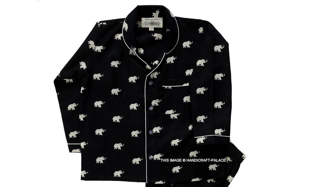 Indian Pure Cotton Kids Pajama Set Black Elephant Printed Sleepwear 1to10 Years