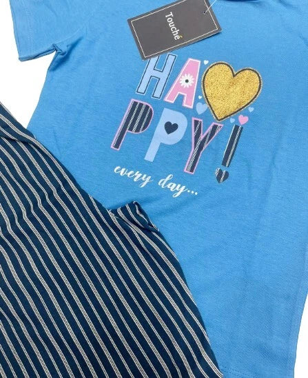 Touche Girls Short Sleeve Full Length Printed Pyjama Set - Navy/Blue Striped