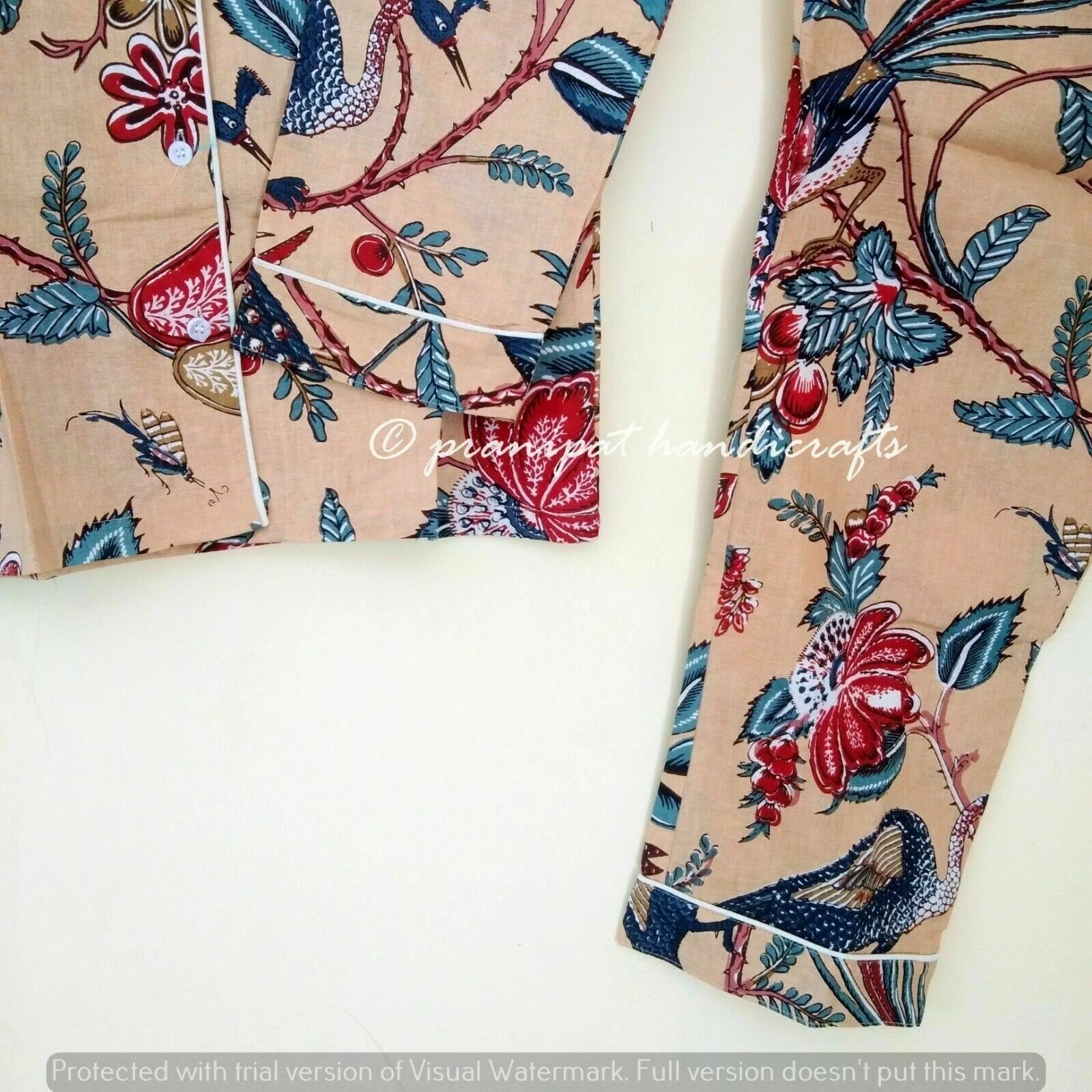 Indian Peacock Printed Cotton Peach Hippie Women Gypsy Top-Pajama set Sleepwear