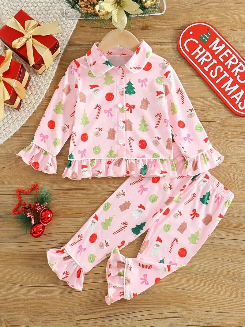 NWOT TODDLER GIRLS PINK RUFFLED CHRISTMAS PAJAMAS - SZ. 2/3 & 3/4