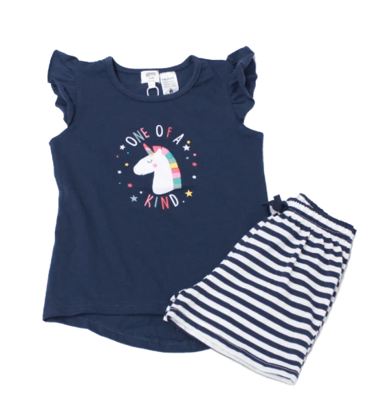 Girls Size 3-7 Navy Blue Unicorn Summer Cotton Short Sleeve Pyjama Set  - 2211