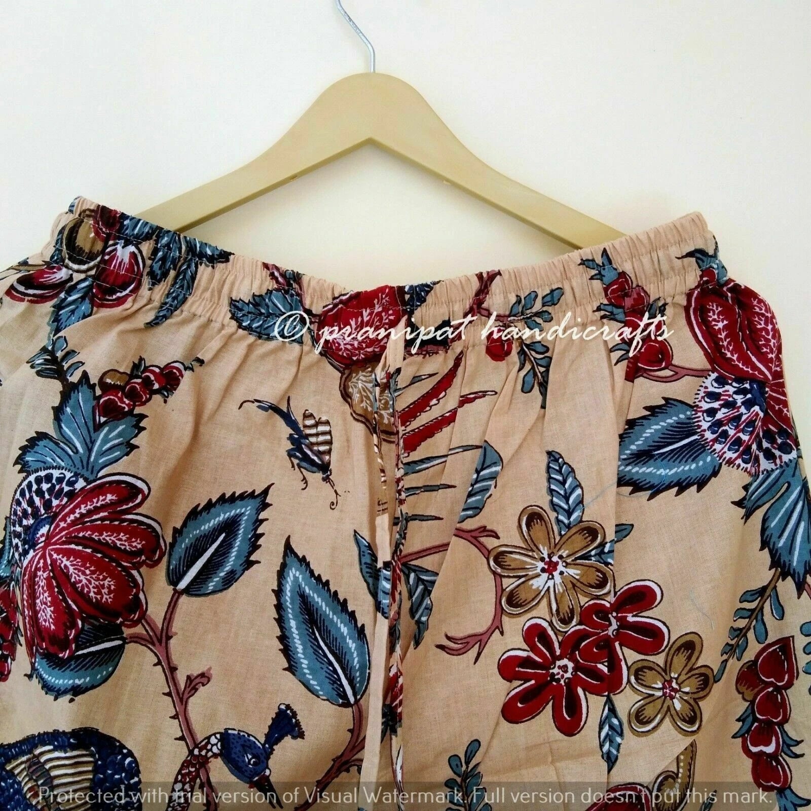 Indian Peacock Printed Cotton Peach Hippie Women Gypsy Top-Pajama set Sleepwear