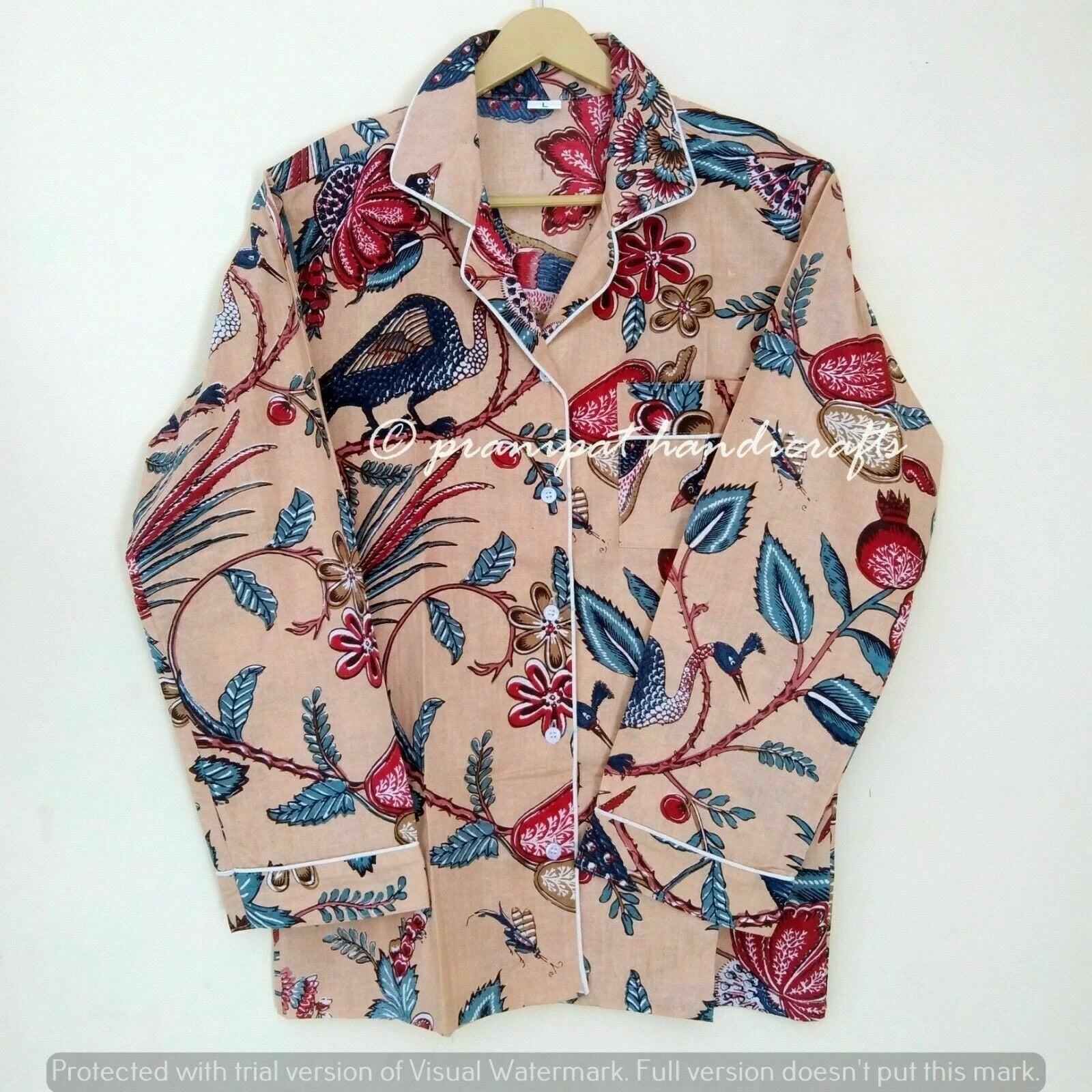 Indian Peacock Printed Cotton Peach Hippie Women Gypsy Top-Pajama set Sleepwear