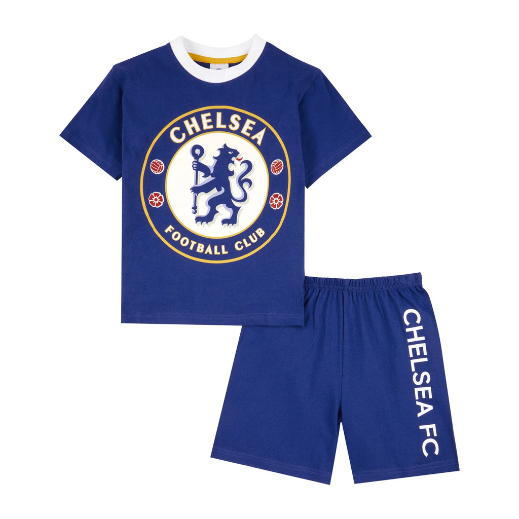Chelsea F.C. Boys Pyjamas, CFC T-Shirt and Shorts PJs Set, Official Merchandise