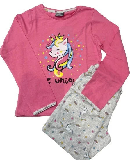 Touche Girls Long Sleeve Full Length Printed Pyjama Set- Grey/Pink Unicorn