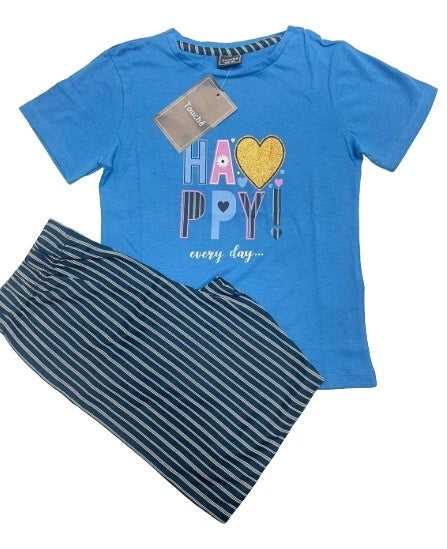 Touche Girls Short Sleeve Full Length Printed Pyjama Set - Navy/Blue Striped