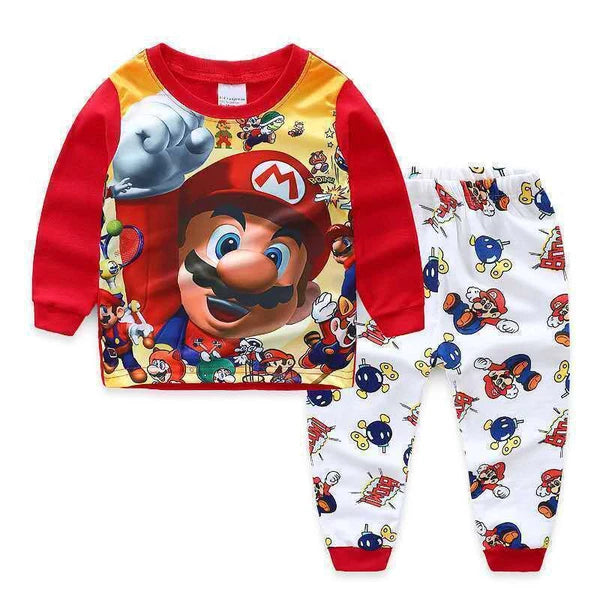2Pcs Kids Boys Girls Super Mario Long Sleeve Pyjamas Set T-Shirt Shorts Age 1-7Y