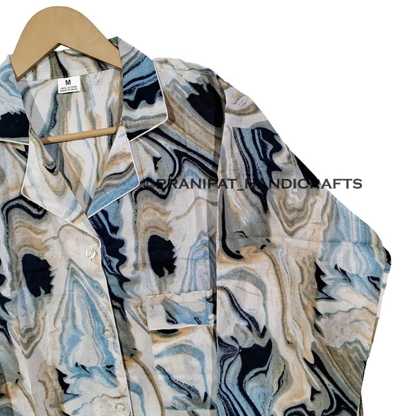 Women Abstract Summer Blue Hippie Sleepwear Cotton Ethnic Night wear Pajama set