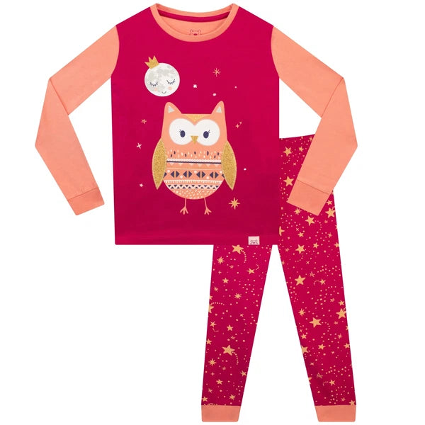 Princess Moon & Owl Pyjamas Kids Girls 3 4 5 6 7 8 9 10 Years PJs Red