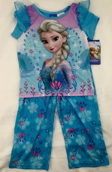 Disney Frozen Blue Elsa 2 Piece Summer Pajama Set Short Sleeve Silky