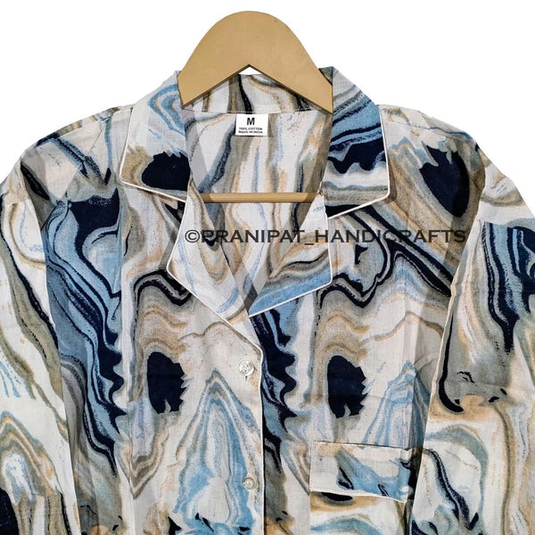 Women Abstract Summer Blue Hippie Sleepwear Cotton Ethnic Night wear Pajama set