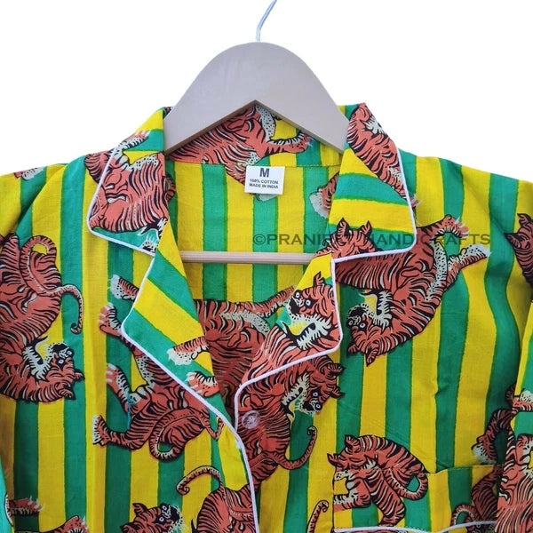 Women Dragon Tiger Print Yellow Sleepwear Cotton Gypsy Night wear Top-Pajama set