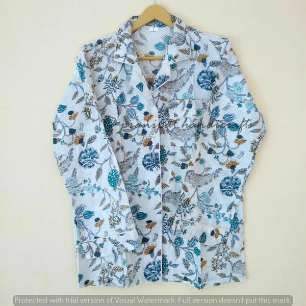 Indian Floral Printed Cotton Hippie White Women Gypsy Top-Pajama set Sleepwear